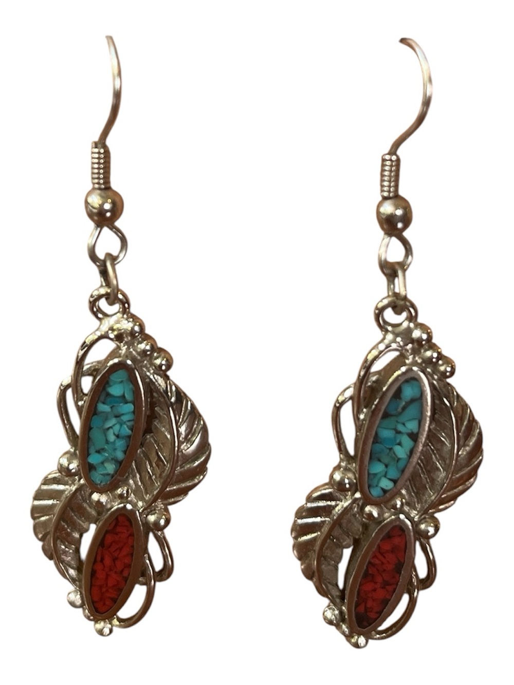 Vintage Southwestern Silver-tone Leaf Drop Earrings with Turquoise & Coral Inlay